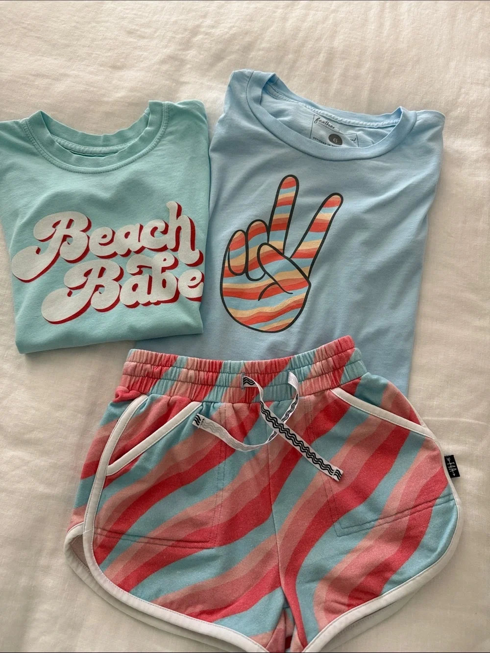 Feather 4 Arrow Cotton 3 pc Set - Aqua 2 Tees & Striped Shorts sz 6 and 5